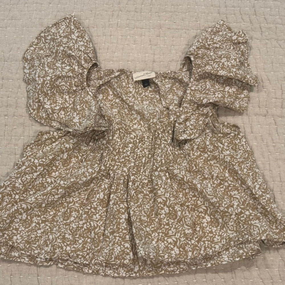 Floral Babydoll Top Small Tan Flutter Sleeve Cottagecore Prairie